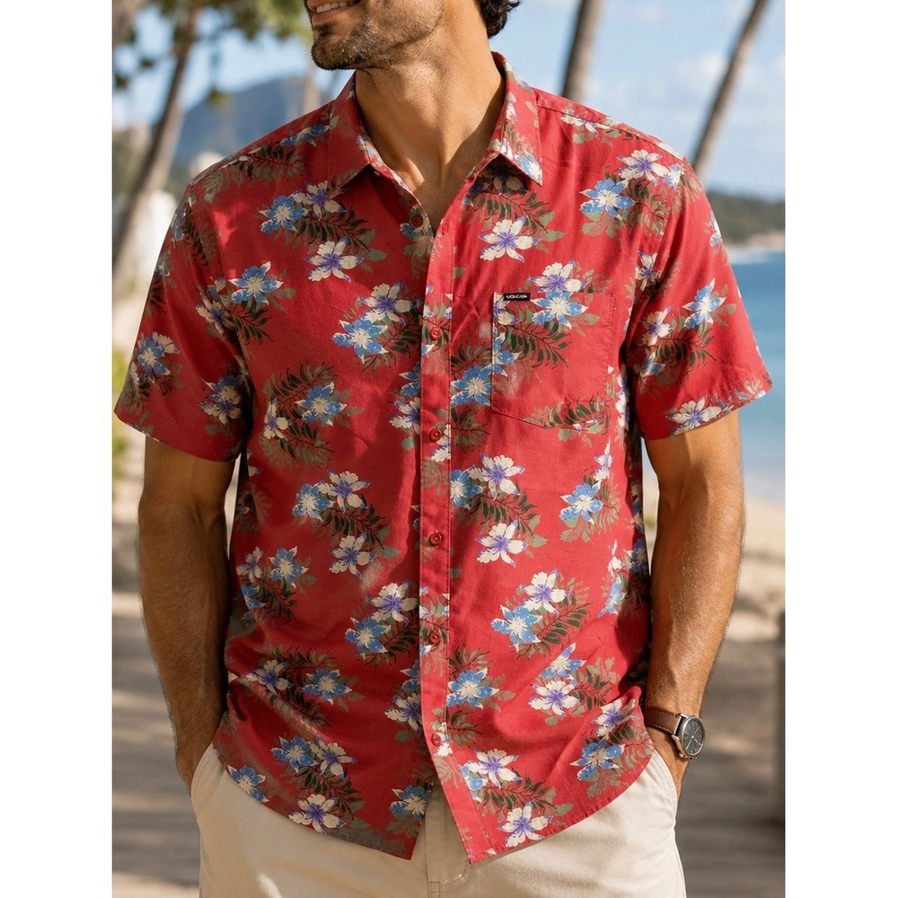 Volcom Mens XXL Red Floral Tropical Short Sleeve Button Up Cotton Shirt A0402102